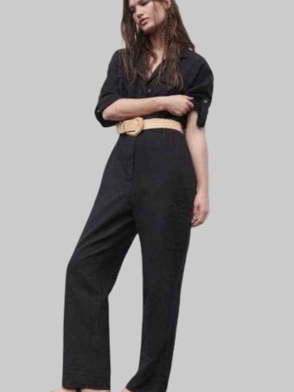New! Zara Black Linen Blend Jumpsuit With Pockets & Roll-Up Sleeves Size M